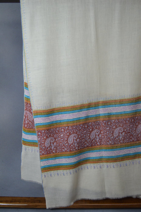 Ivory Big Border Embroidery Cashmere Pashmina Shawl
