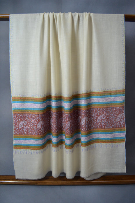 Ivory Big Border Embroidery Cashmere Pashmina Shawl
