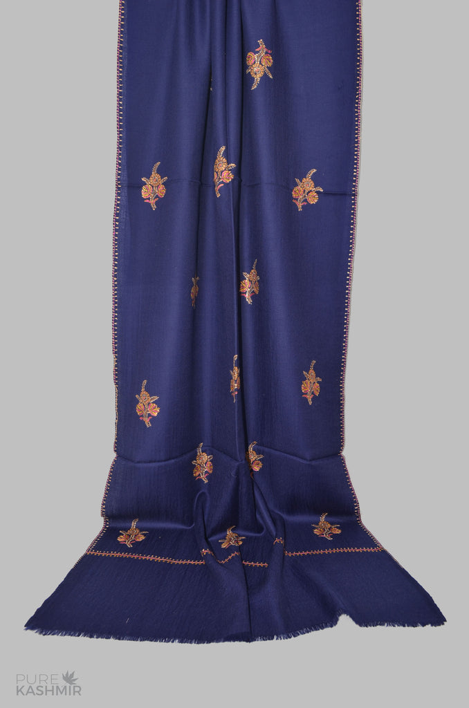 Navy Blue Buti Motif Merino Sozni Hand Embroidery Scarf