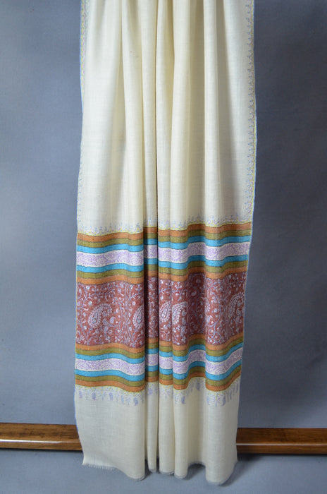 Ivory Big Border Embroidery Cashmere Pashmina Shawl