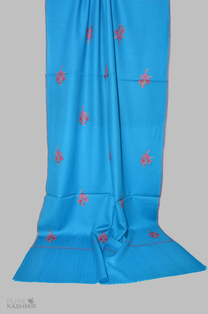Turquoise Buti Motif Merino Sozni Hand Embroidery Scarf