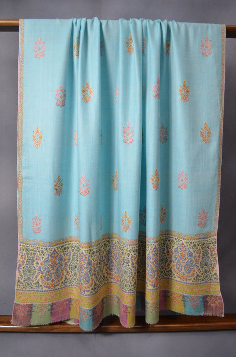 Sea Green Big Border & Motif Embroidery Cashmere Pashmina Shawl