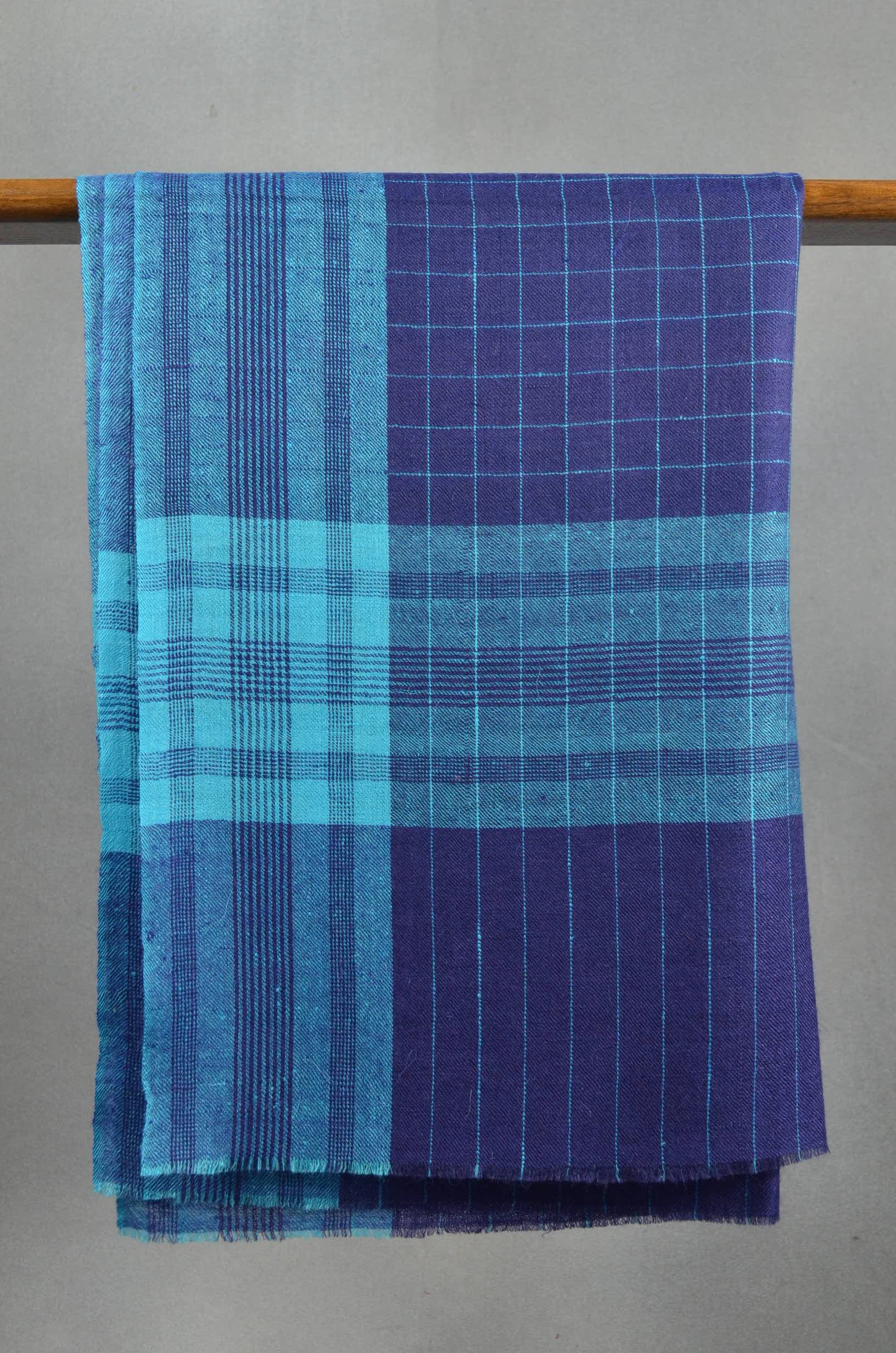 Blue Check Handwoven Cashmere Pashmina Scarf