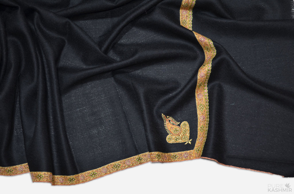Black Cashmere Pashmina Shawl with Beautifully Crafted Border