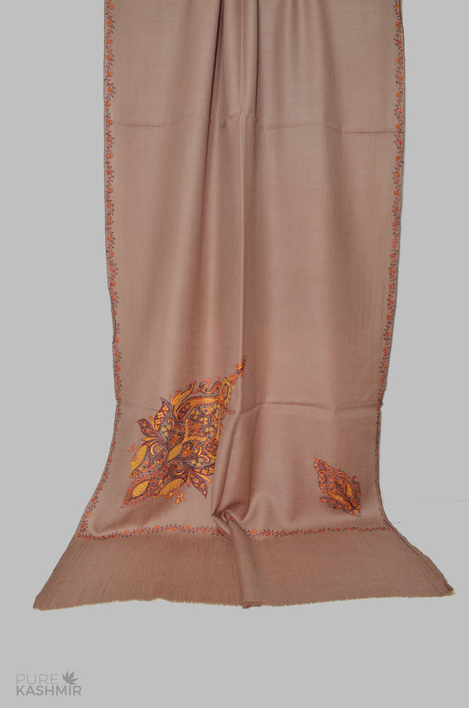 Beige Cone Motif Merino Sozni Hand Embroidery Scarf