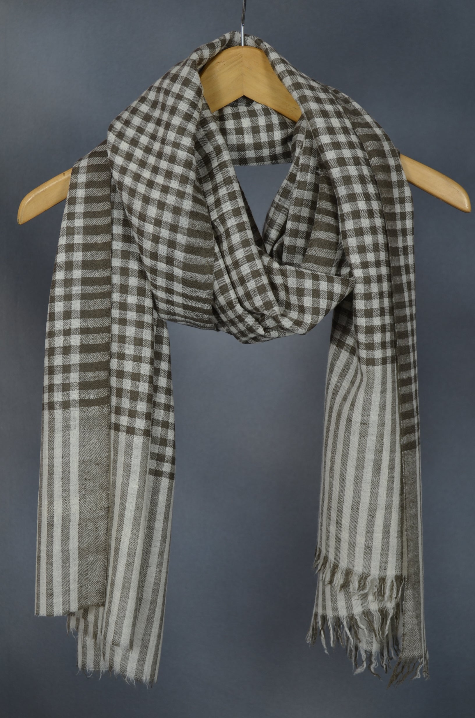 Ivory & Natural Small Check Handwoven Cashmere Pashmina Scarf