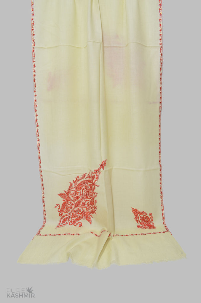 Ivory Cone Motif Merino Sozni Hand Embroidery Scarf