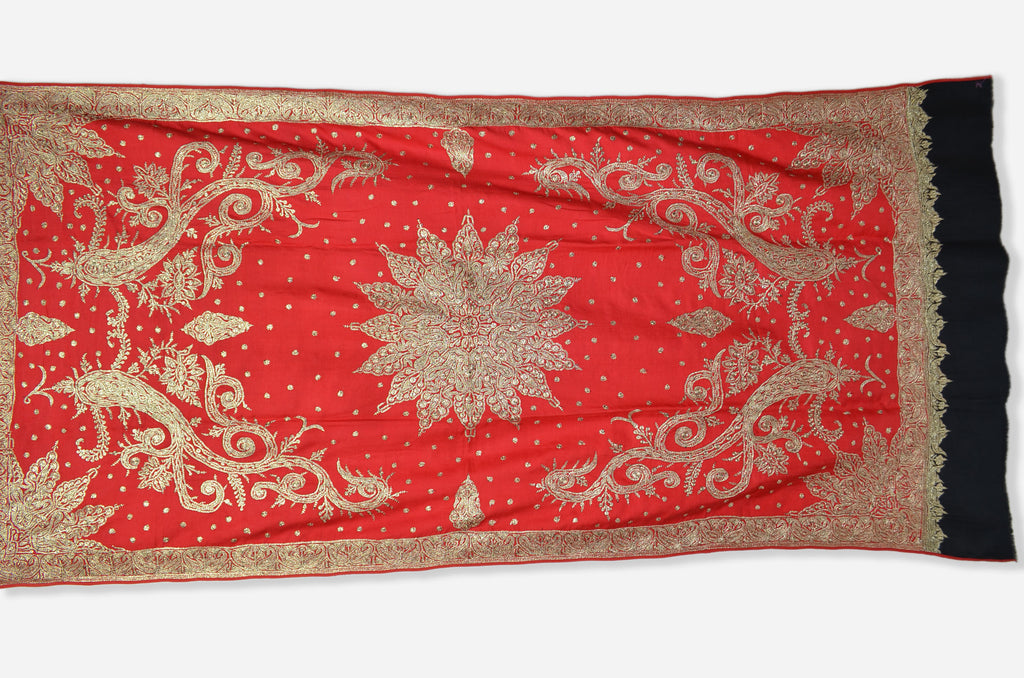 Black and Red Base Silver Tilla Work Pashmina Shawl