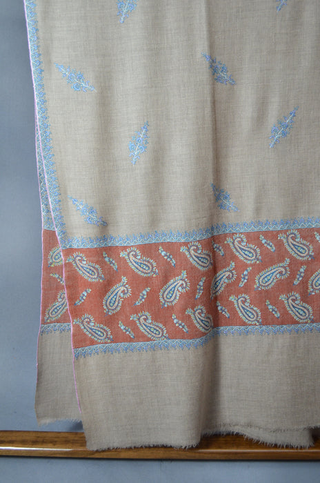 Natural Butti-Dar & Border Embroidery Cashmere Pashmina Shawl
