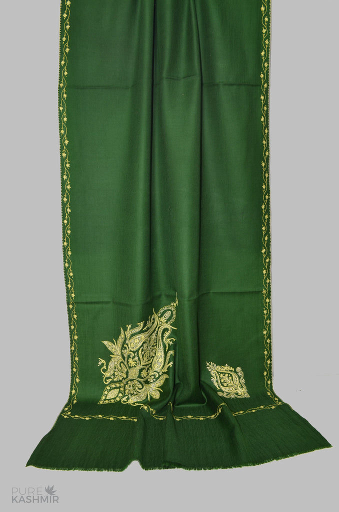 Bottle Green Cone Motif Merino Sozni Hand Embroidery Scarf