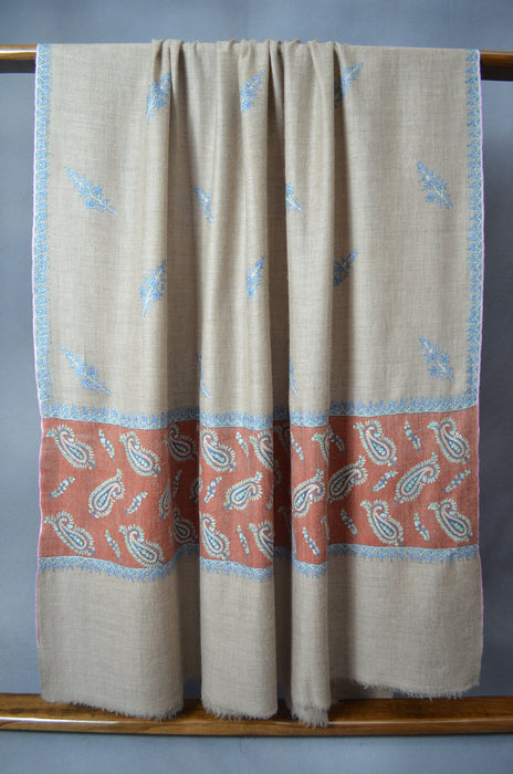 Natural Butti-Dar & Border Embroidery Cashmere Pashmina Shawl