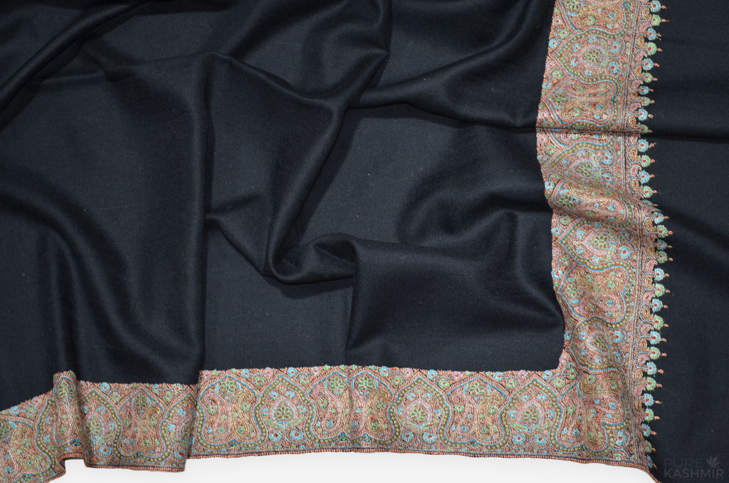 Black Cashmere Pashmina Shawl with Intricate Big Border