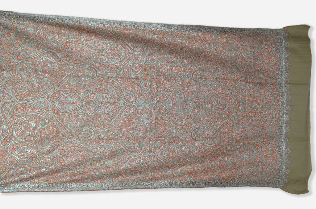 Natural Base Silver and Red Tilla Work Pashmina Shawl