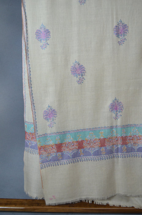 Un Dyed Natural Butti-Dar & Border Embroidery Cashmere Pashmina Shawl