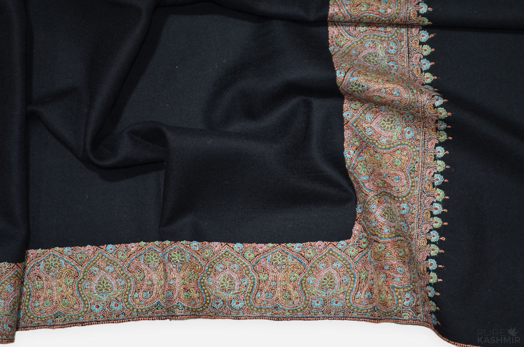 Black Cashmere Pashmina Shawl with Intricate Big Border