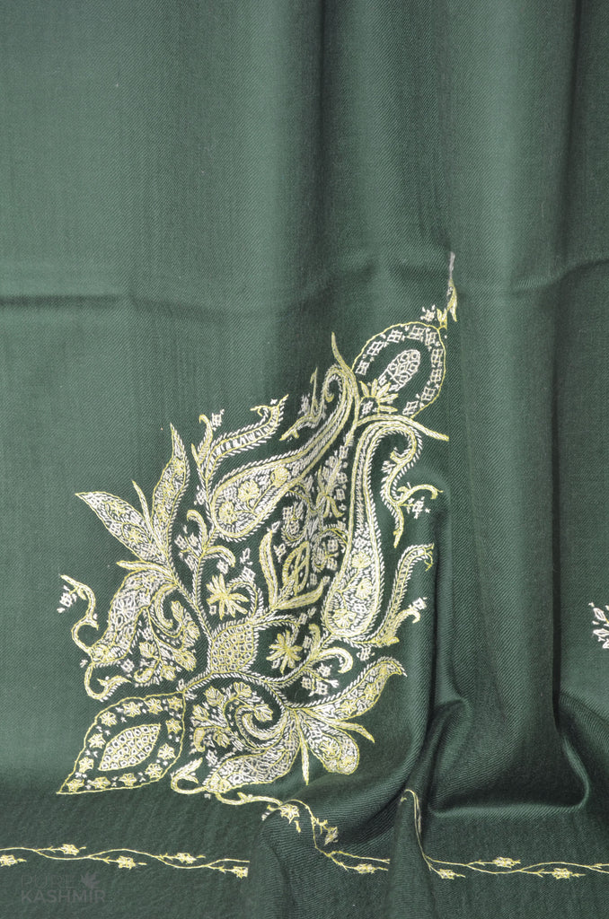 Bottle Green Cone Motif Merino Sozni Hand Embroidery Scarf