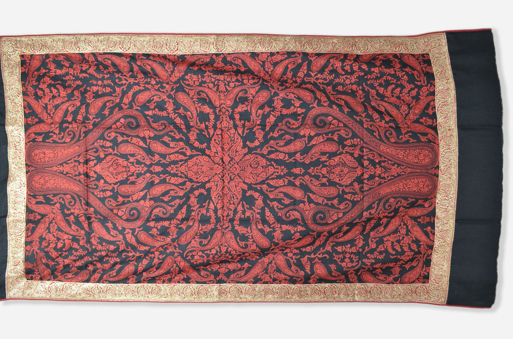 Black Base Gold Tilla and Sozni Work Pashmina Shawl