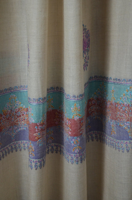 Un Dyed Natural Butti-Dar & Border Embroidery Cashmere Pashmina Shawl