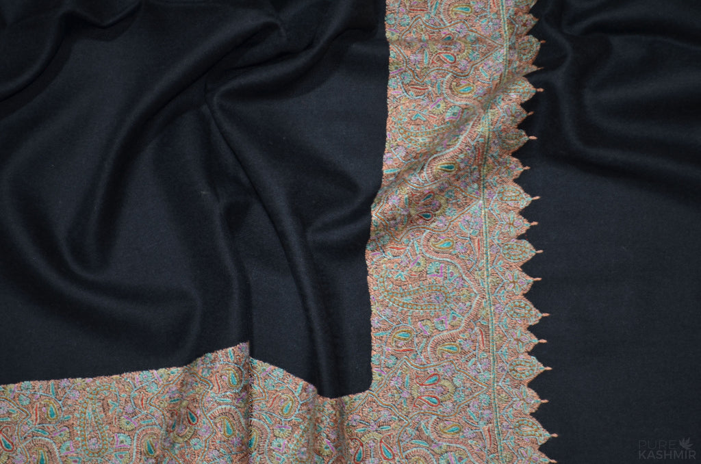 Black Cashmere Pashmina Shawl with Intricate Big Border