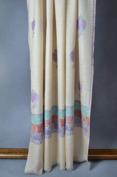 Un Dyed Natural Butti-Dar & Border Embroidery Cashmere Pashmina Shawl