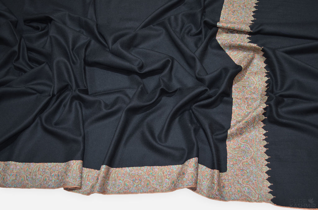 Black Cashmere Pashmina Shawl with Intricate Big Border