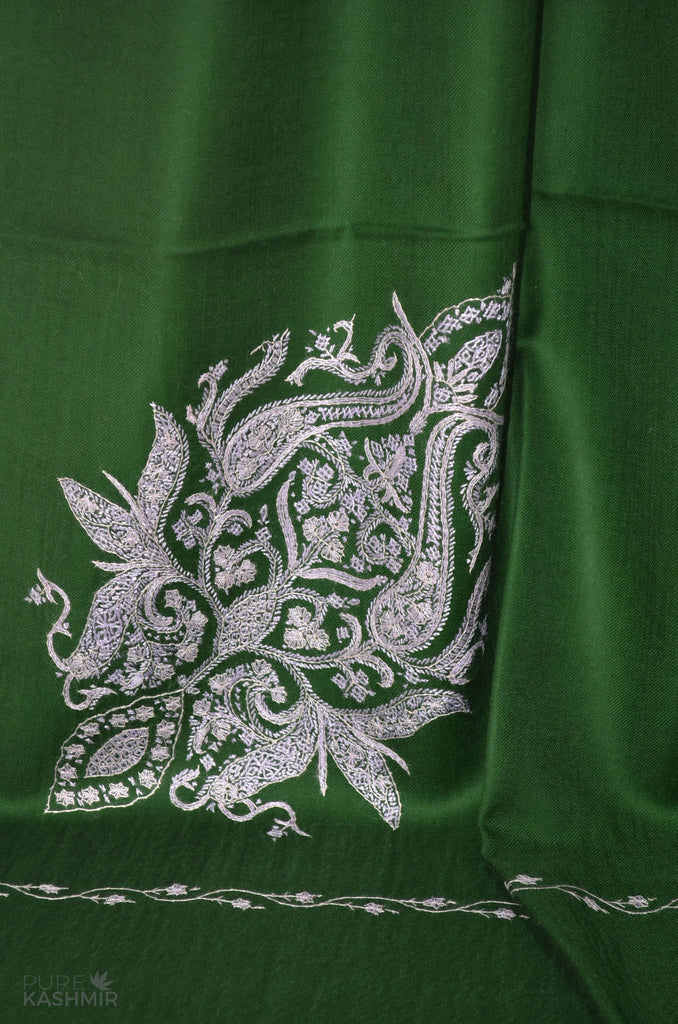 Bottle Green Cone Motif Merino Sozni Hand Embroidery Scarf