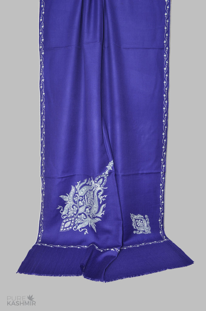 Royal Blue Cone Motif Merino Sozni Hand Embroidery Scarf
