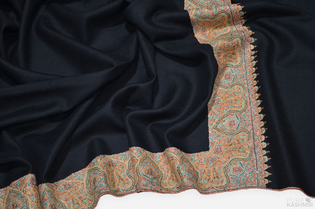 Black Cashmere Pashmina Shawl with Intricate Big Border