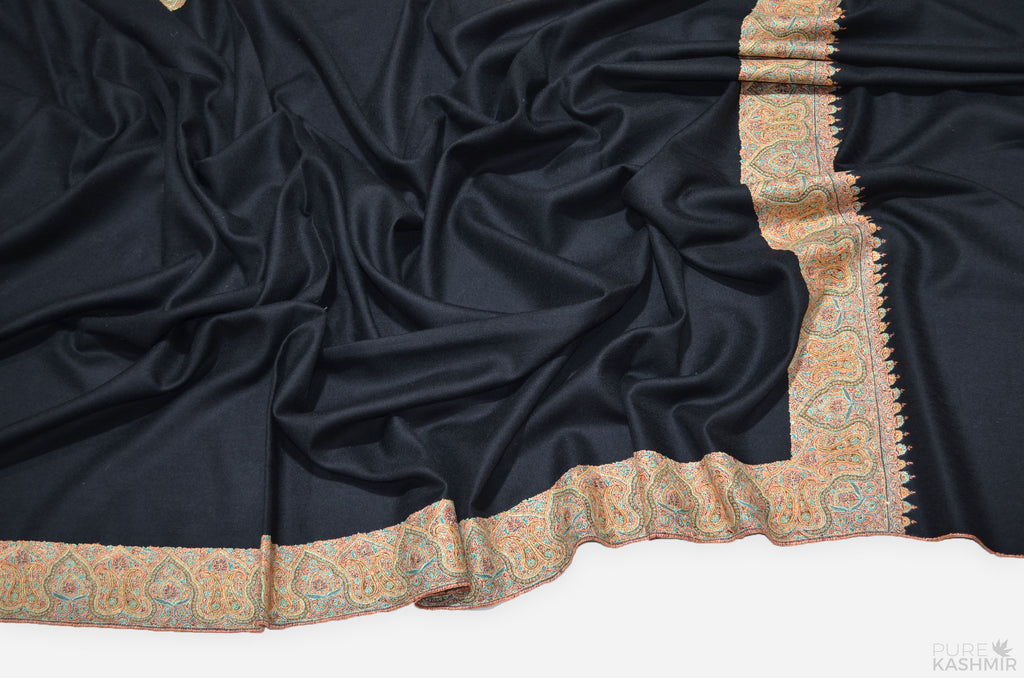 Black Cashmere Pashmina Shawl with Intricate Big Border