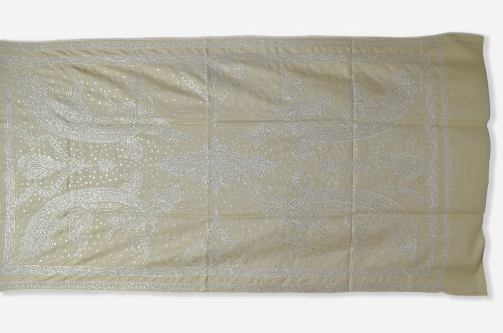 Ivory Base Silver Tilla Work Pashmina Shawl