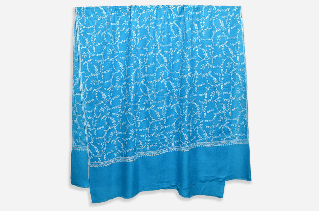 Blue Pashmina Jali with White Embroidery