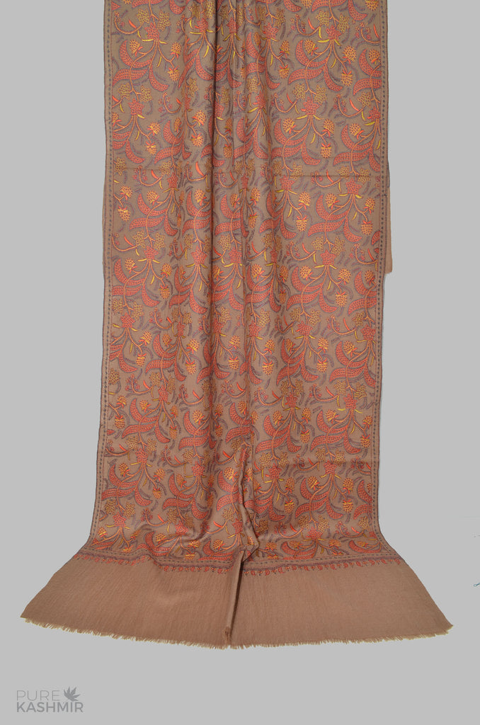 Brown Jamawar Merino Sozni Hand Embroidery Scarf