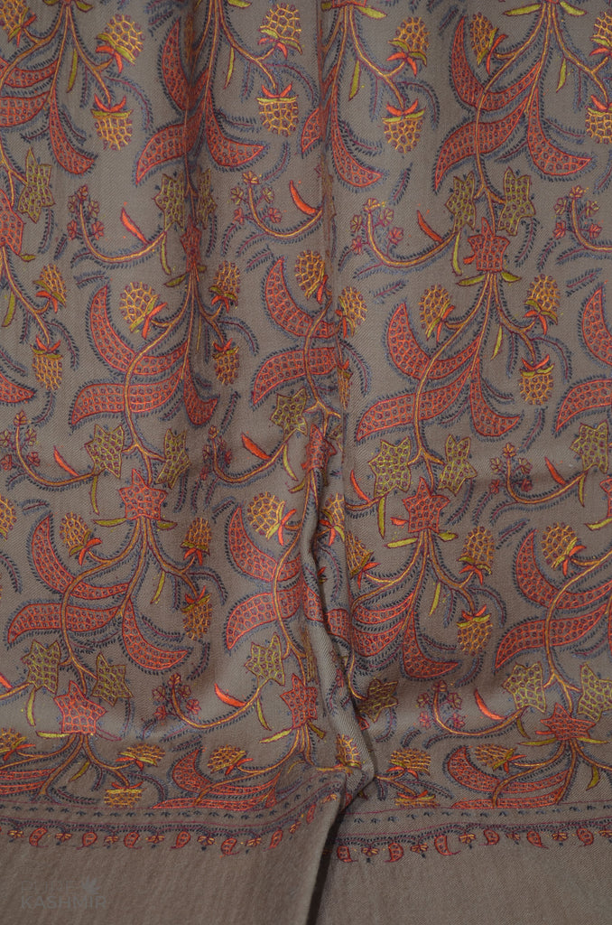 Brown Jamawar Merino Sozni Hand Embroidery Scarf