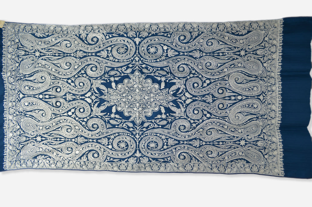 Blue Base Silver Tilla Work Pashmina Shawl