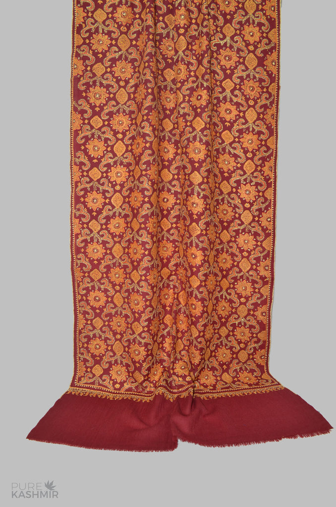 Maroon Jamawar Merino Sozni Hand Embroidery Scarf