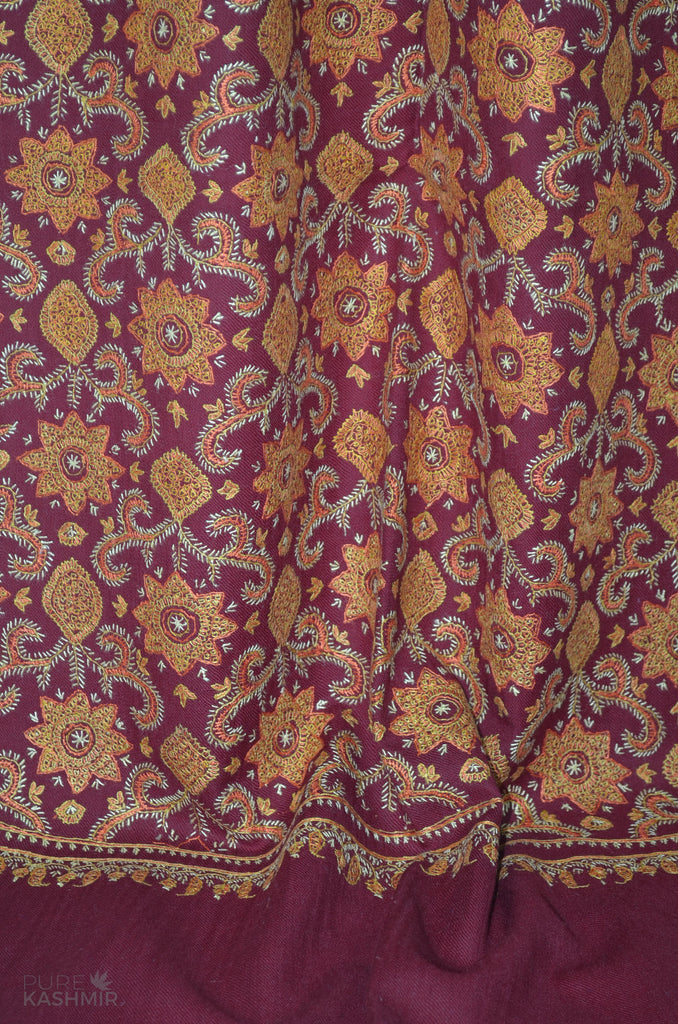 Maroon Jamawar Merino Sozni Hand Embroidery Scarf