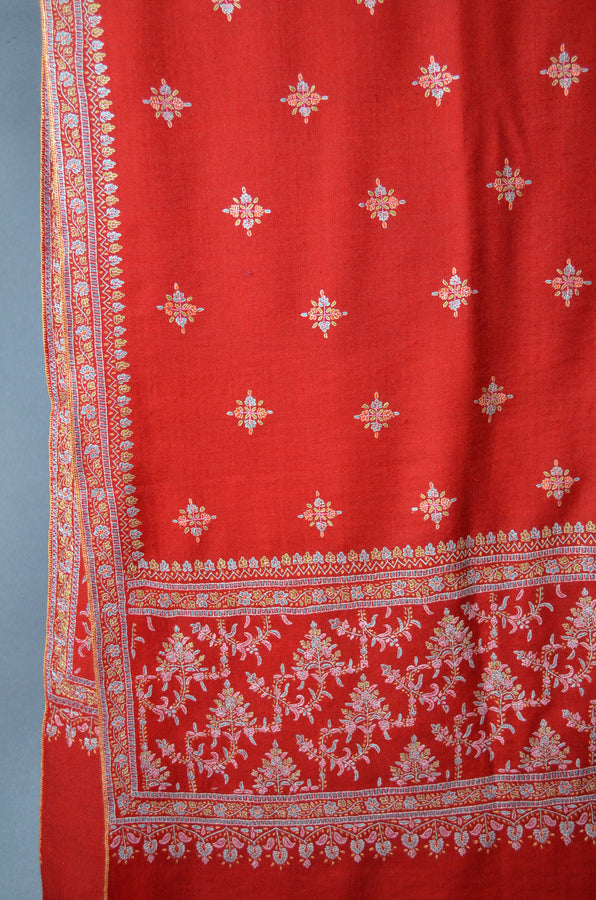 Red Butti-Dar & Border Embroidery Cashmere Pashmina Shawl