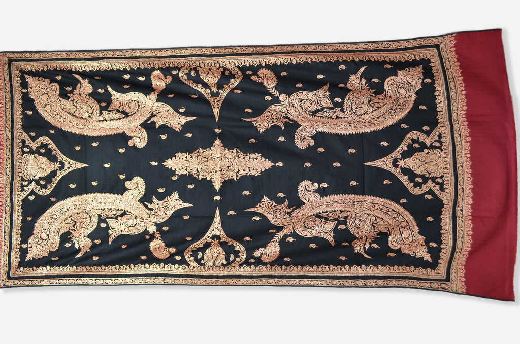 Black and Maroon Base Gold Tilla Work Pashmina Shawl