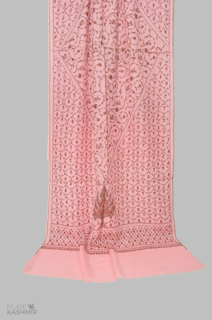 Pink Jali Merino Sozni Hand Embroidery Scarf