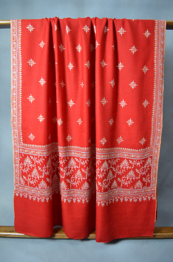 Red Butti-Dar & Border Embroidery Cashmere Pashmina Shawl