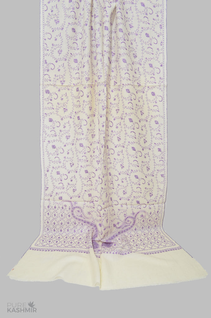 White Jali Merino Sozni Hand Embroidery Scarf