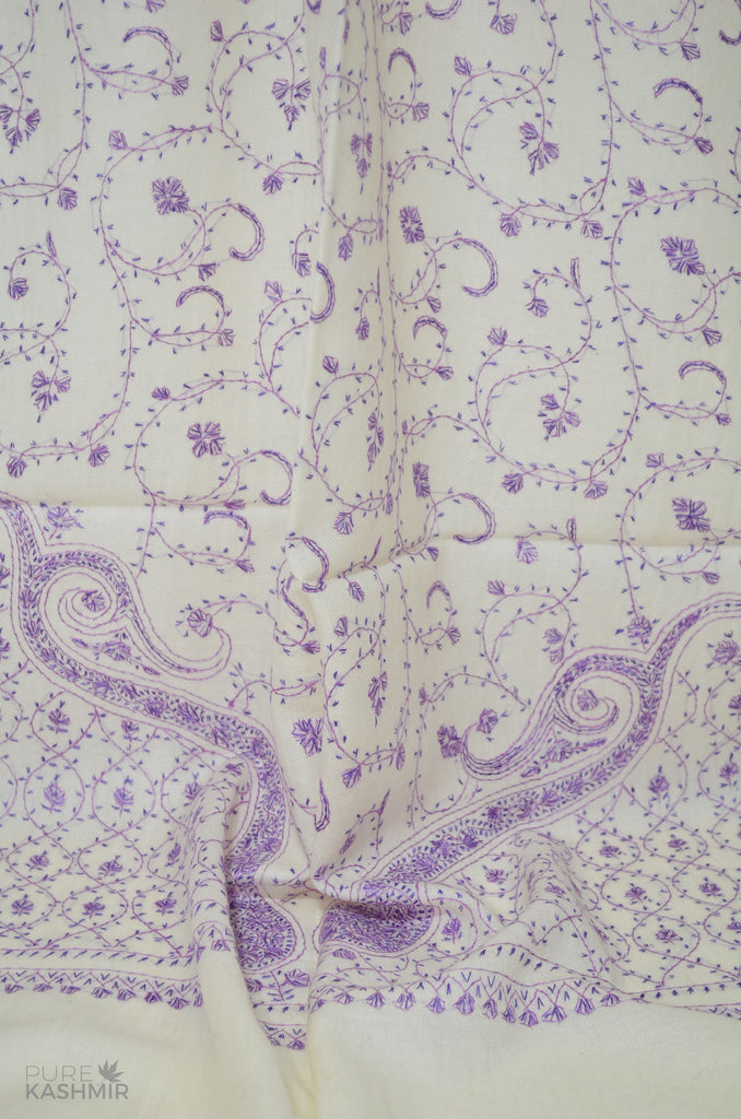 White Jali Merino Sozni Hand Embroidery Scarf