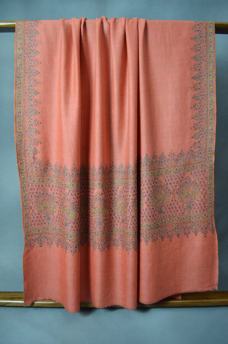 Fawn Big Border Embroidery Cashmere Pashmina Shawl