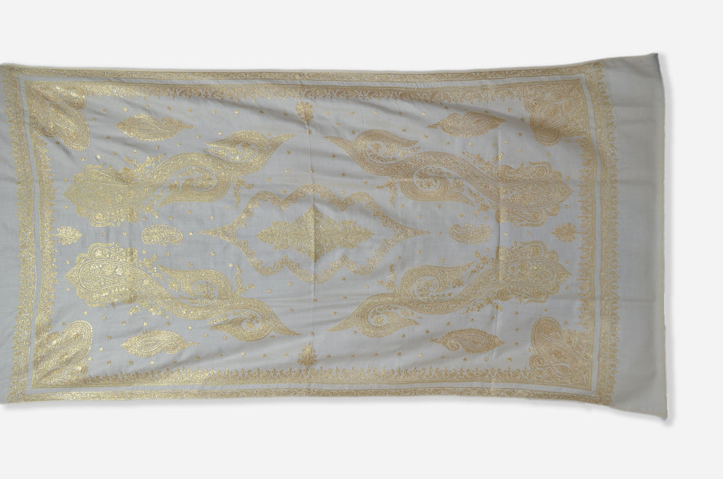 Ivory Base Gold Tilla Work Pashmina Shawl