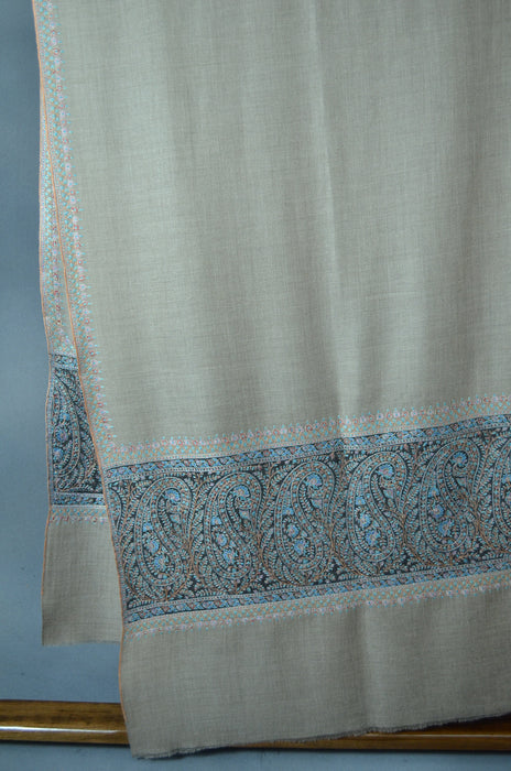 Un Dyed Natural Big Border Embroidery Cashmere Pashmina Shawl