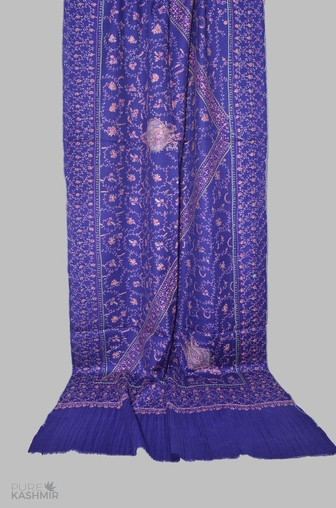 Royal Blue Jali Merino Sozni Hand Embroidery Scarf