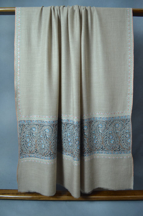 Un Dyed Natural Big Border Embroidery Cashmere Pashmina Shawl