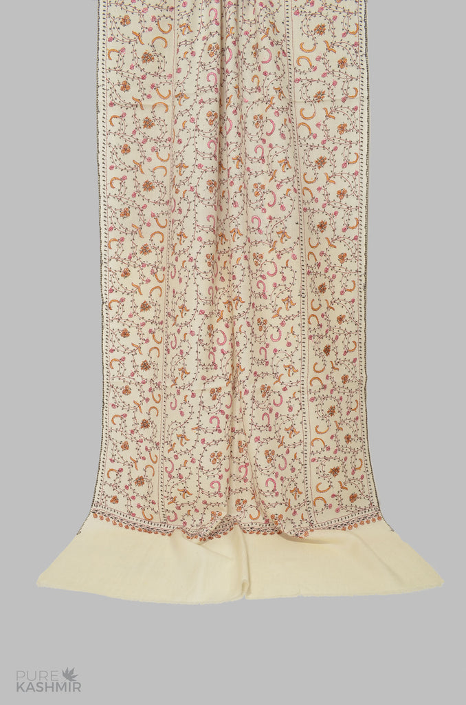 White Jali Merino Sozni Hand Embroidery Scarf
