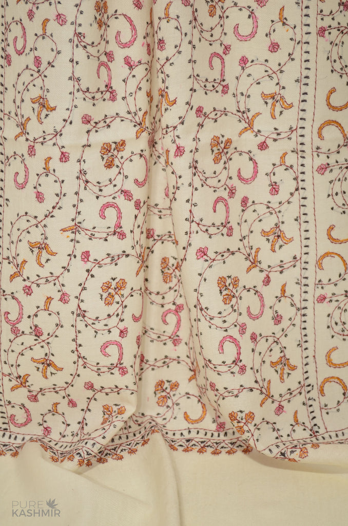 White Jali Merino Sozni Hand Embroidery Scarf