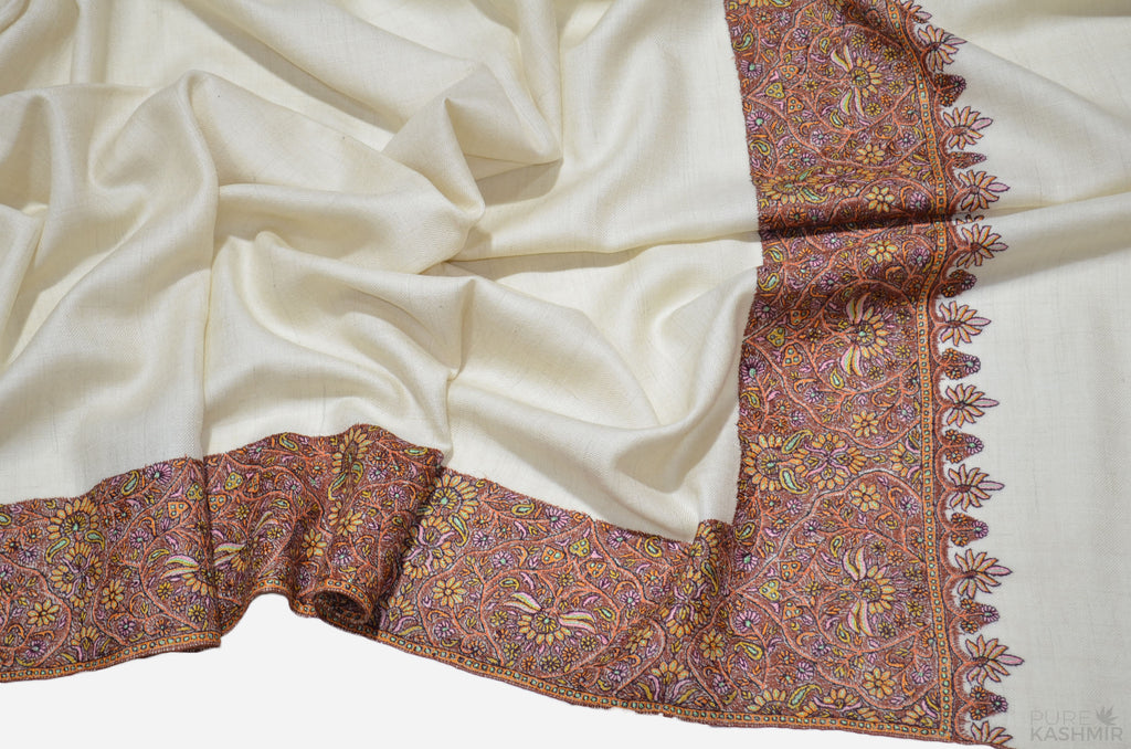 Ivory Cashmere Pashmina Shawl with Intricate Big Border